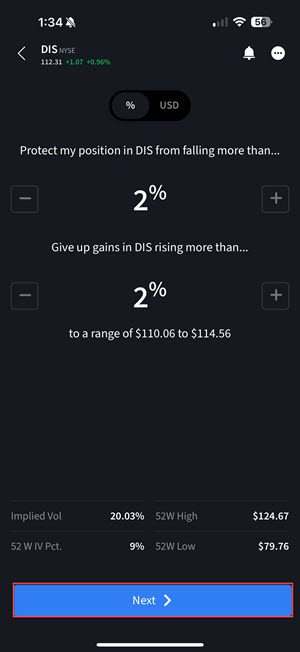 The protect a position forecast criteria on the iPhone. 